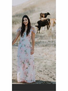 White Floral Maxi Dress with Pink & Green Print